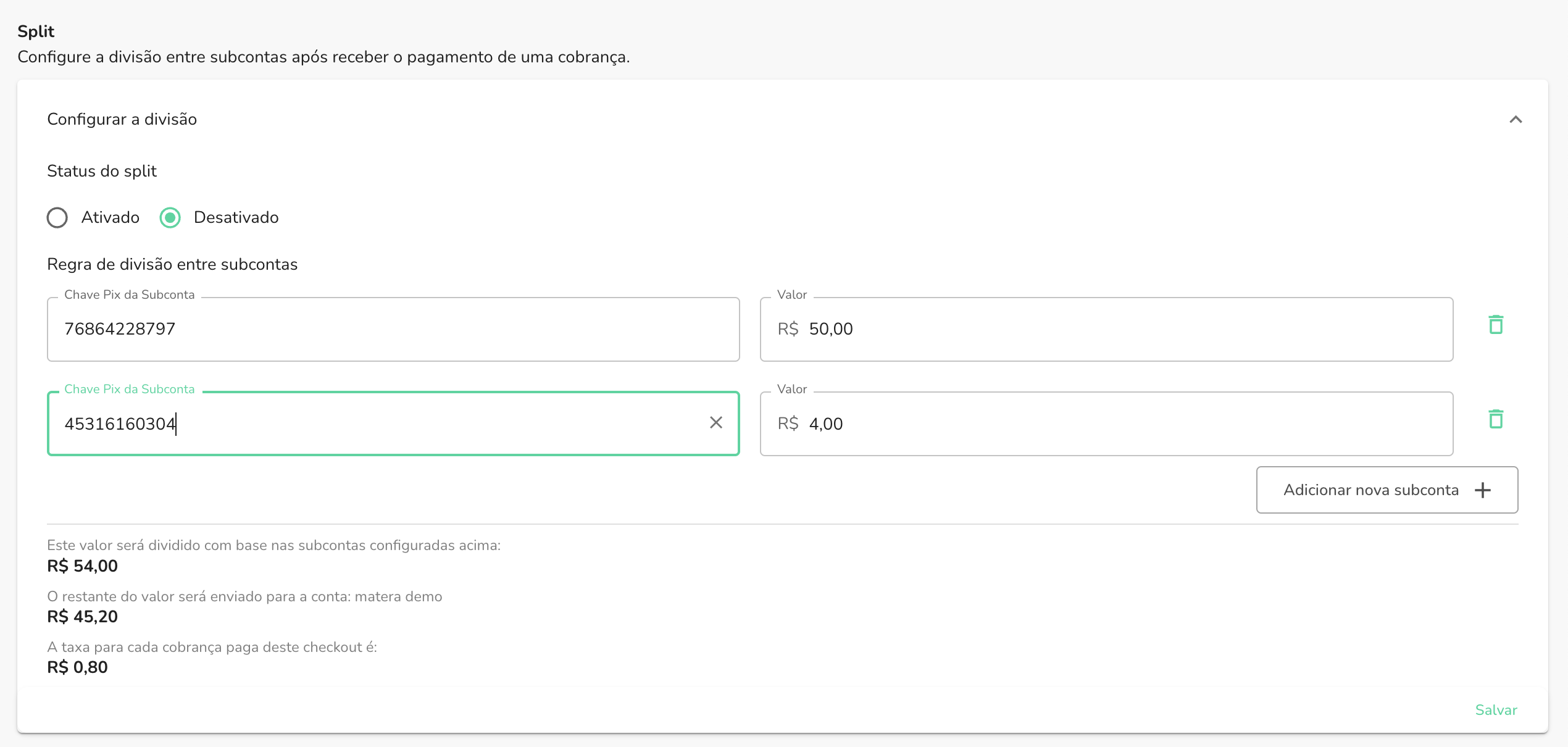 Formulário de configuração de splits preenchido